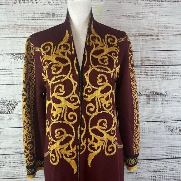 Vertigo Paris Gold Burgundy Motif Wool Open Front Long Cardigan Duster sz Small - Picture 4 of 16